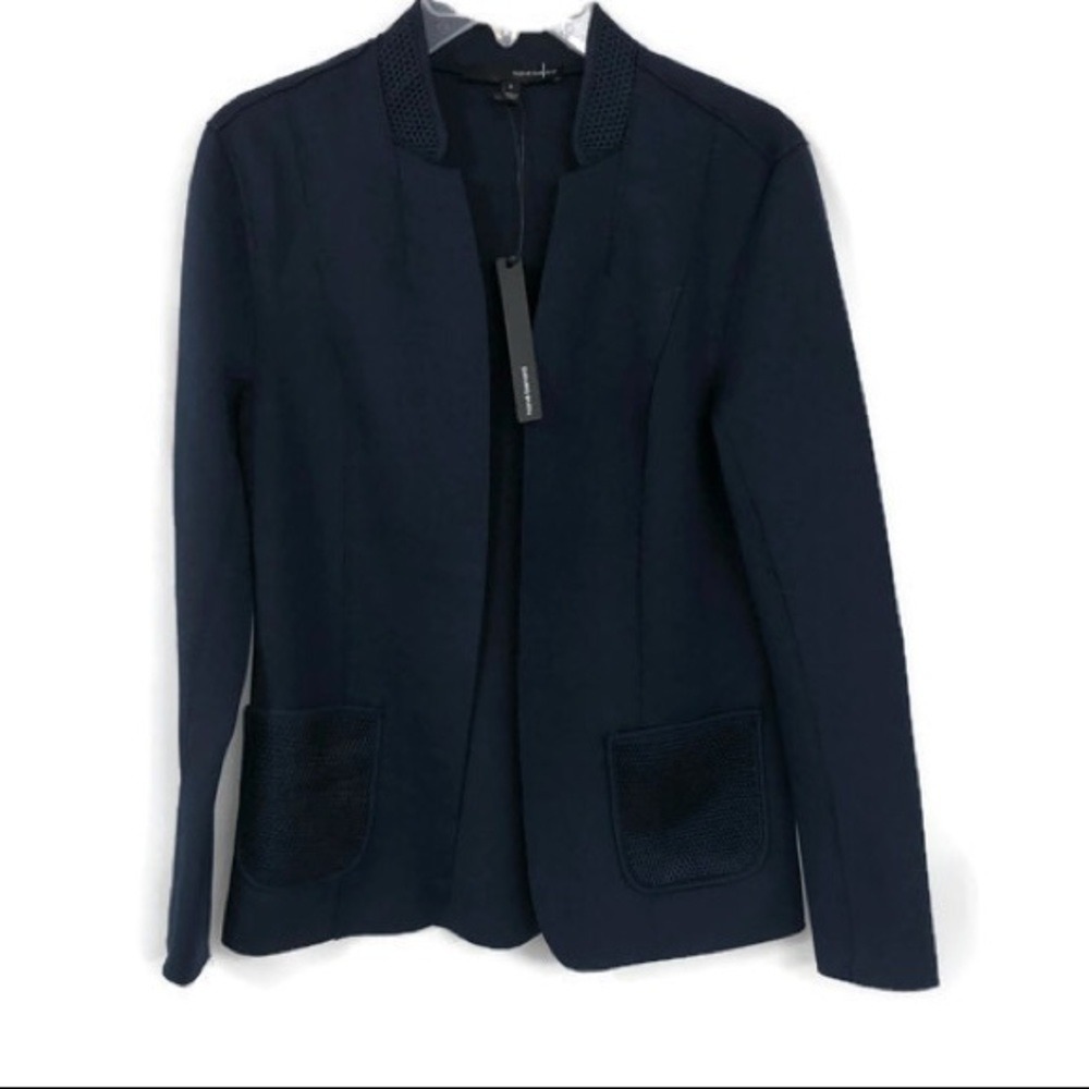 Harve Benard Navy Blazer Jacket Women's Size S Open‎ Front Mesh Accent